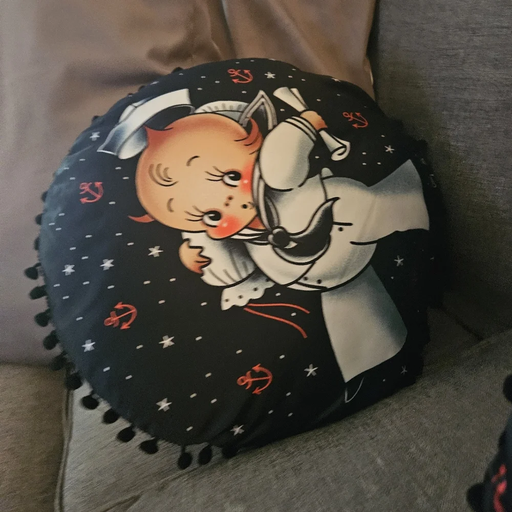 Sourpuss baby sailor, buoy boy, nautical navy pillow. Punk Kitsch Rockabilly